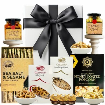 Gourmet nibbles & food in a beautiful white gift box with black satin ribbon